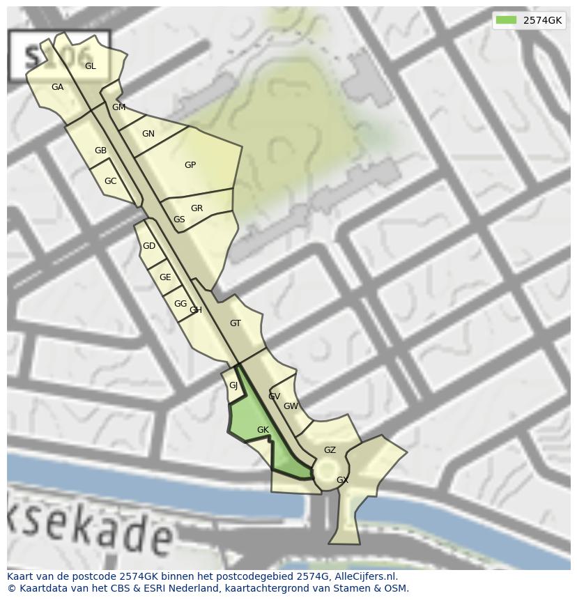 Afbeelding van het postcodegebied 2574 GK op de kaart.