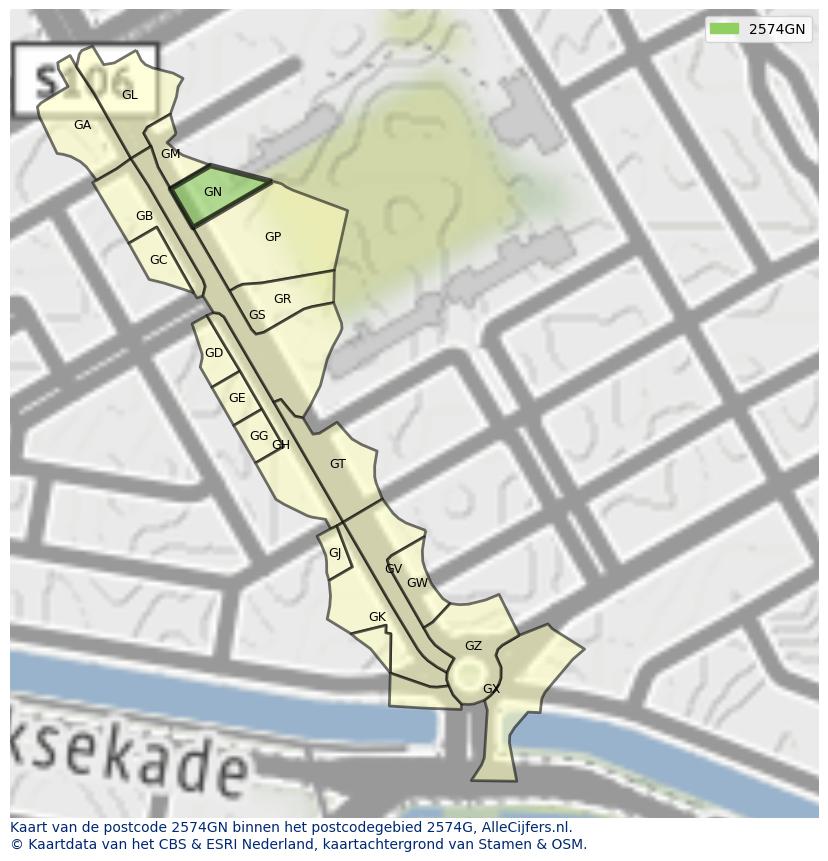Afbeelding van het postcodegebied 2574 GN op de kaart.