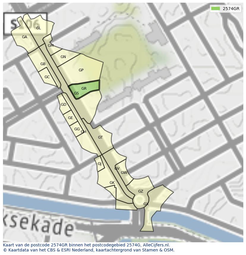 Afbeelding van het postcodegebied 2574 GR op de kaart.
