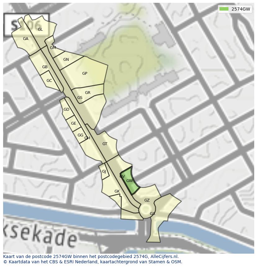 Afbeelding van het postcodegebied 2574 GW op de kaart.