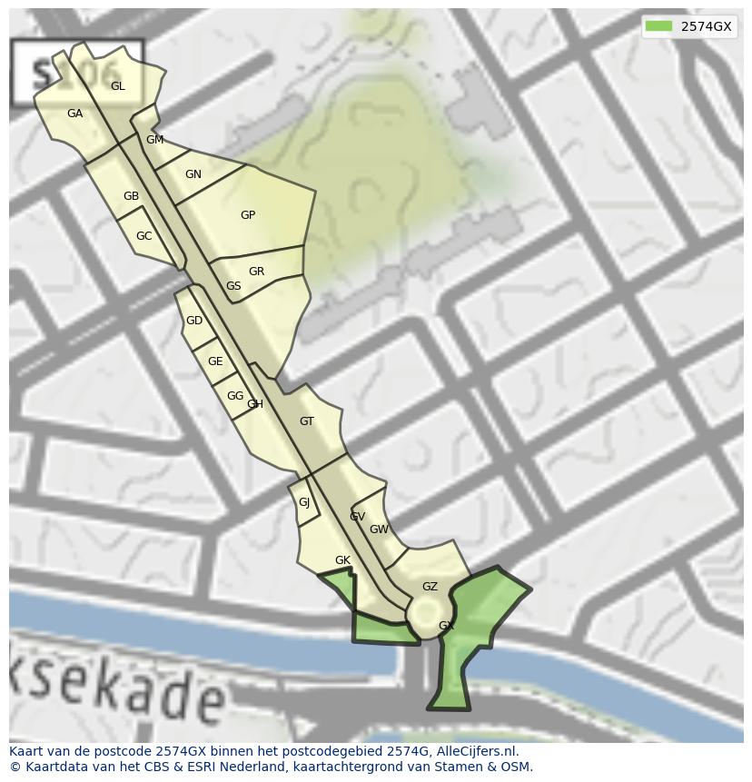 Afbeelding van het postcodegebied 2574 GX op de kaart.