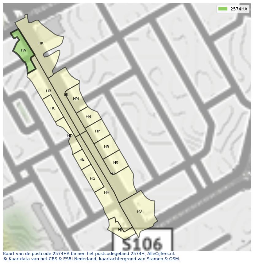 Afbeelding van het postcodegebied 2574 HA op de kaart.