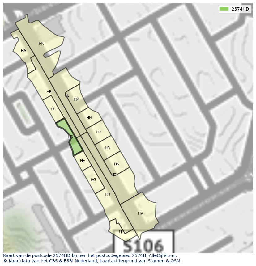 Afbeelding van het postcodegebied 2574 HD op de kaart.