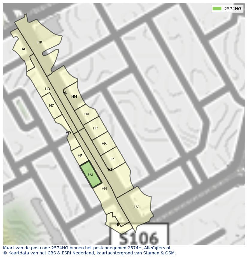 Afbeelding van het postcodegebied 2574 HG op de kaart.