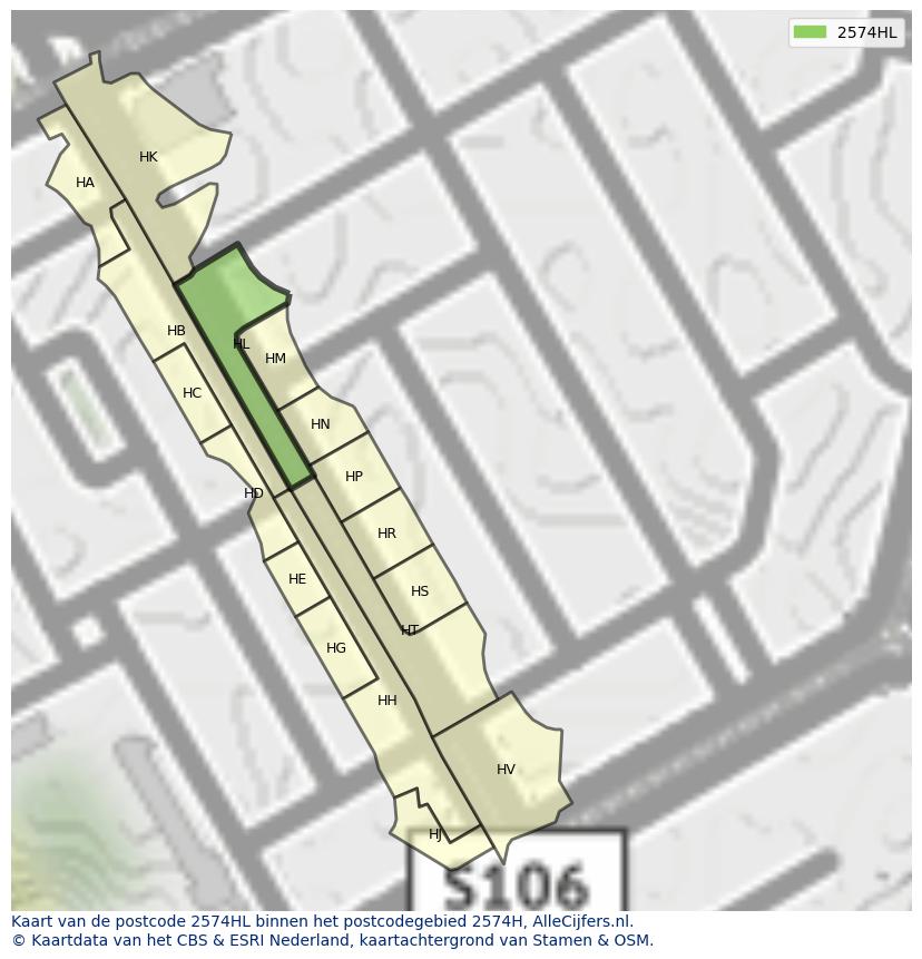 Afbeelding van het postcodegebied 2574 HL op de kaart.