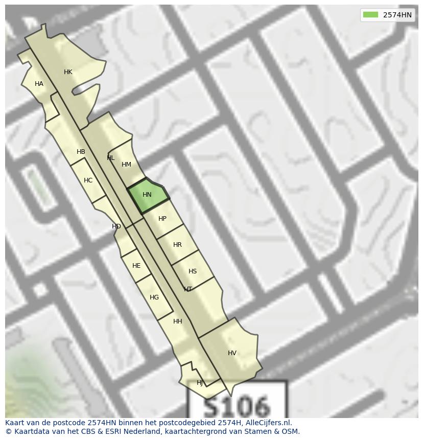 Afbeelding van het postcodegebied 2574 HN op de kaart.