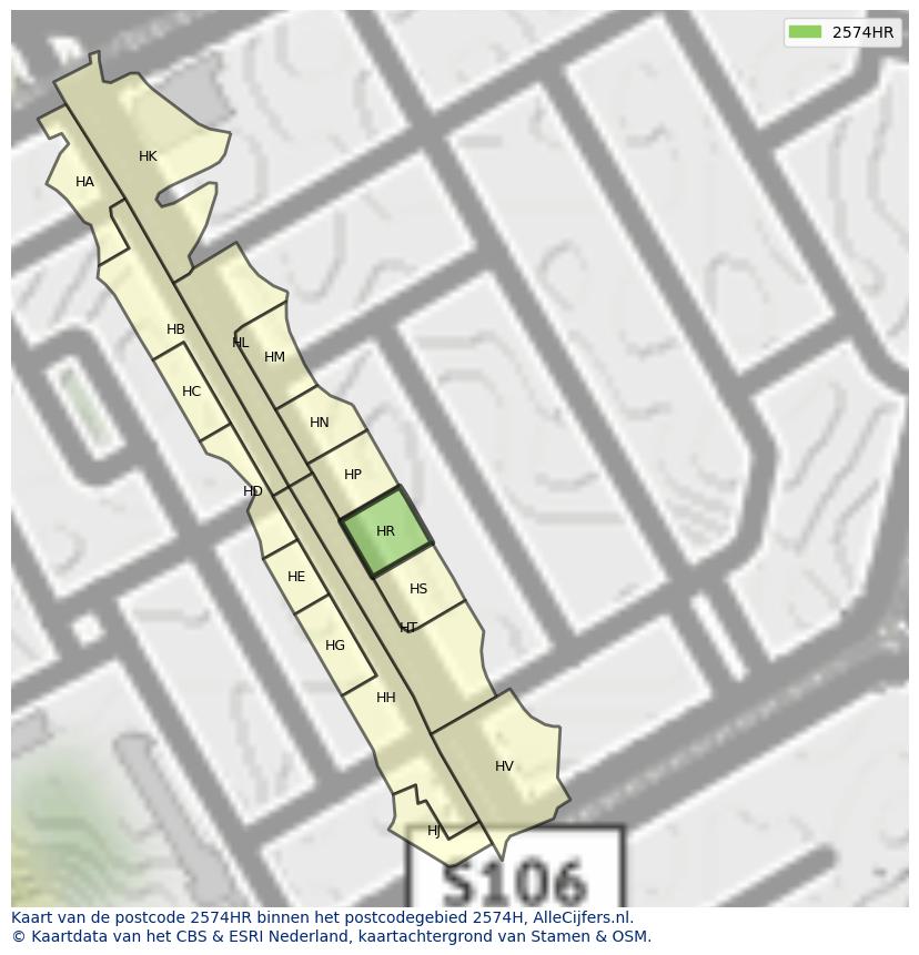 Afbeelding van het postcodegebied 2574 HR op de kaart.