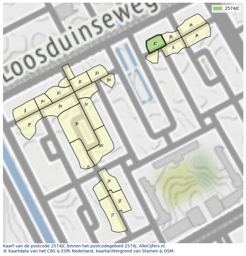 Afbeelding van het postcodegebied 2574 JC op de kaart.