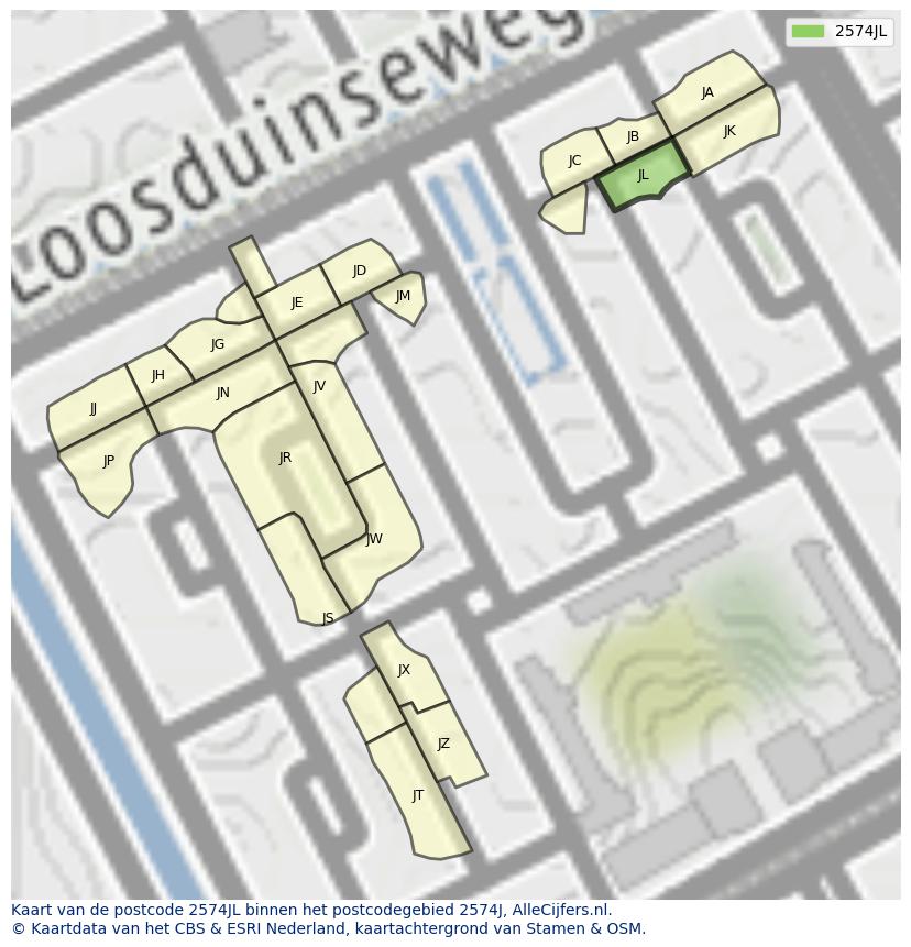 Afbeelding van het postcodegebied 2574 JL op de kaart.