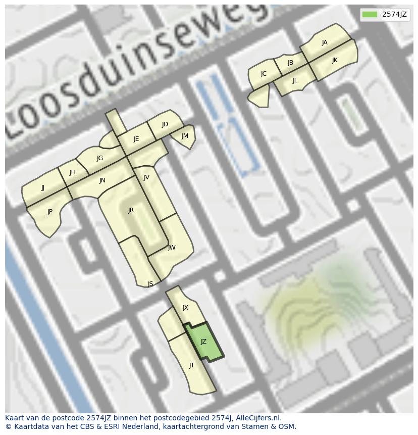 Afbeelding van het postcodegebied 2574 JZ op de kaart.