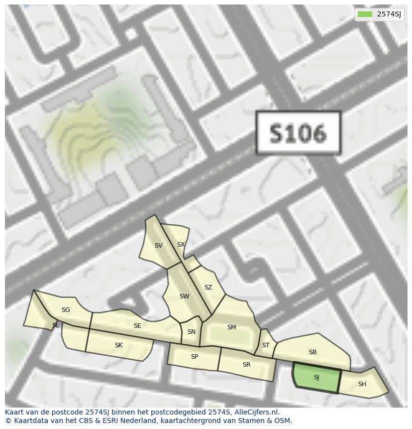 Afbeelding van het postcodegebied 2574 SJ op de kaart.