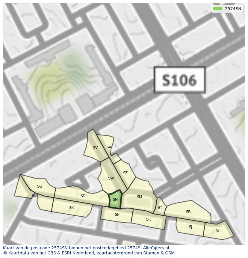 Afbeelding van het postcodegebied 2574 SN op de kaart.