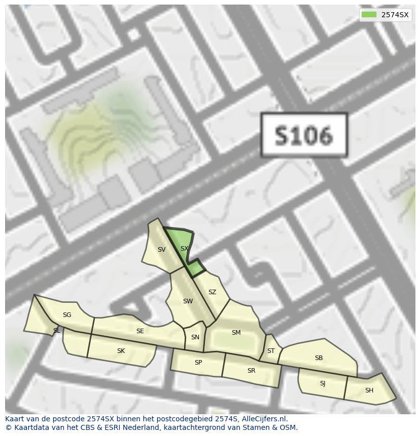 Afbeelding van het postcodegebied 2574 SX op de kaart.