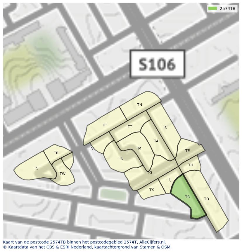 Afbeelding van het postcodegebied 2574 TB op de kaart.