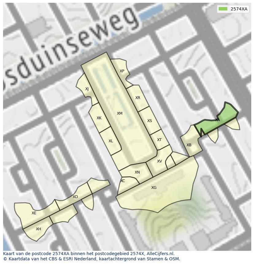 Afbeelding van het postcodegebied 2574 XA op de kaart.