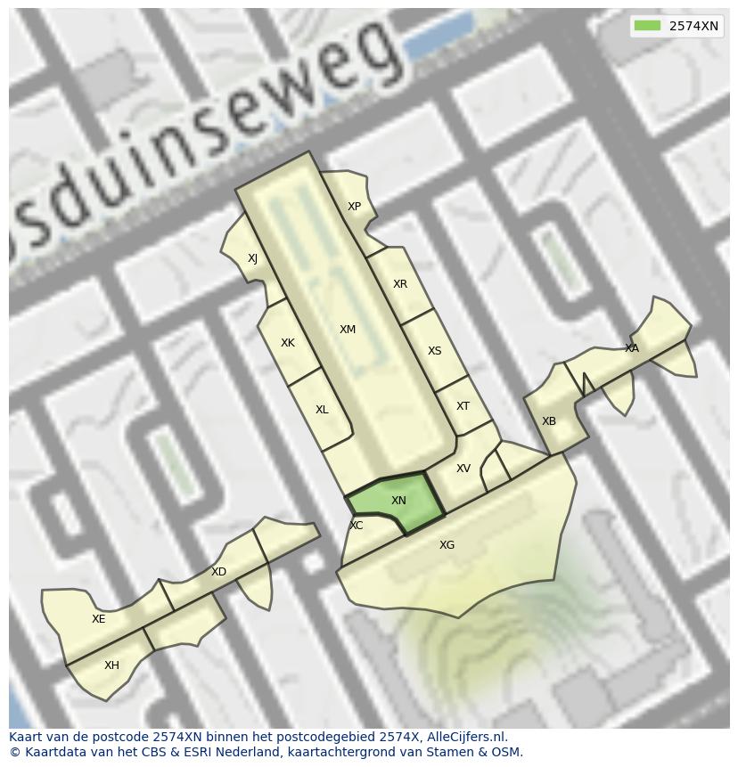 Afbeelding van het postcodegebied 2574 XN op de kaart.