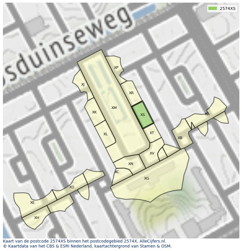 Afbeelding van het postcodegebied 2574 XS op de kaart.