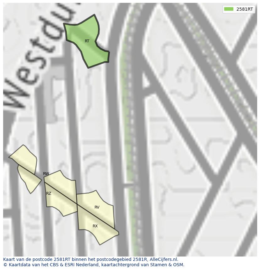 Afbeelding van het postcodegebied 2581 RT op de kaart.