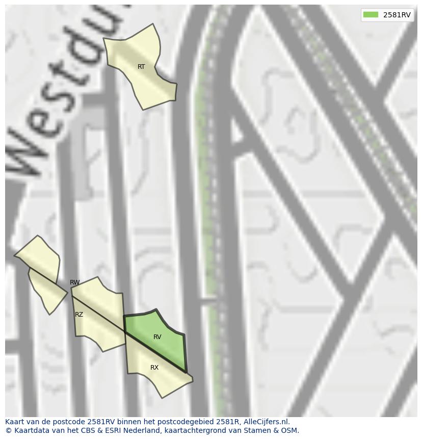Afbeelding van het postcodegebied 2581 RV op de kaart.