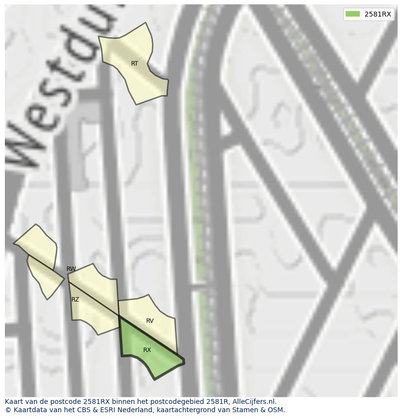 Afbeelding van het postcodegebied 2581 RX op de kaart.