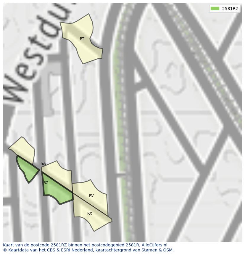 Afbeelding van het postcodegebied 2581 RZ op de kaart.