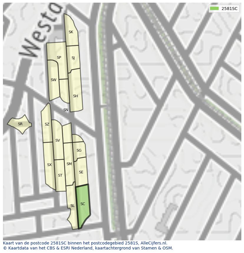 Afbeelding van het postcodegebied 2581 SC op de kaart.