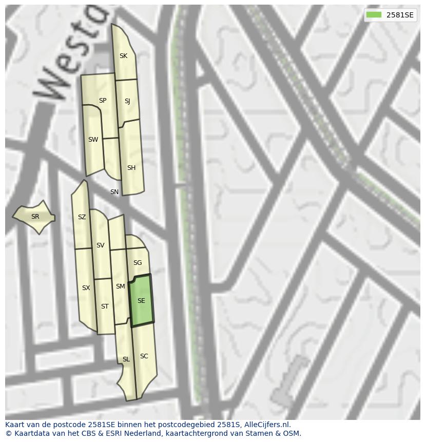 Afbeelding van het postcodegebied 2581 SE op de kaart.