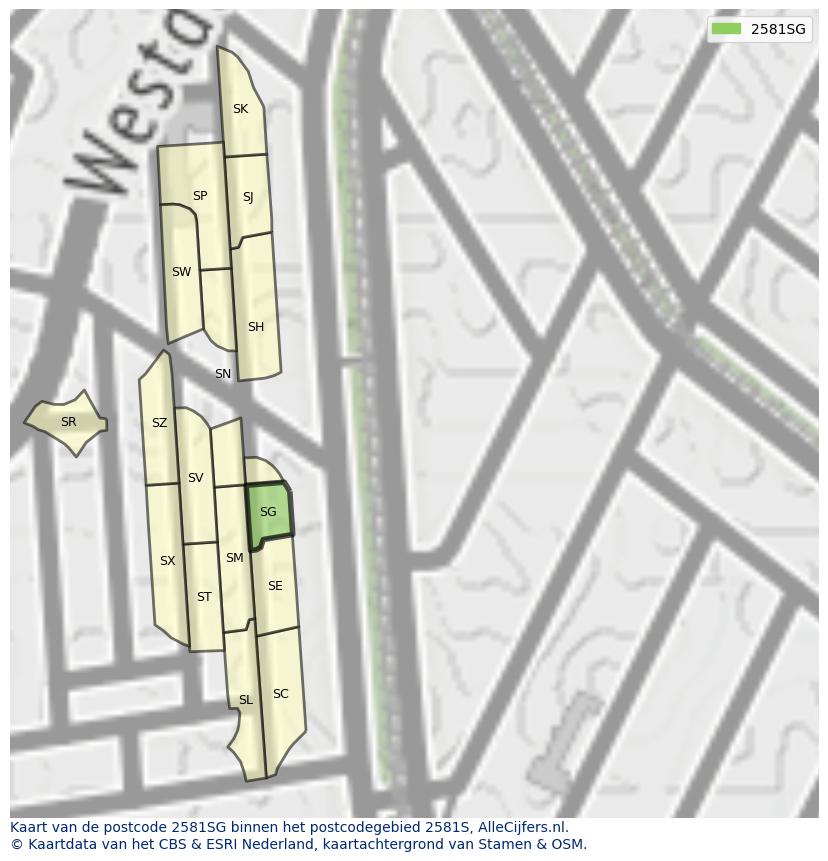 Afbeelding van het postcodegebied 2581 SG op de kaart.