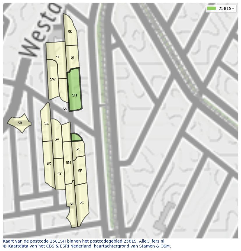 Afbeelding van het postcodegebied 2581 SH op de kaart.