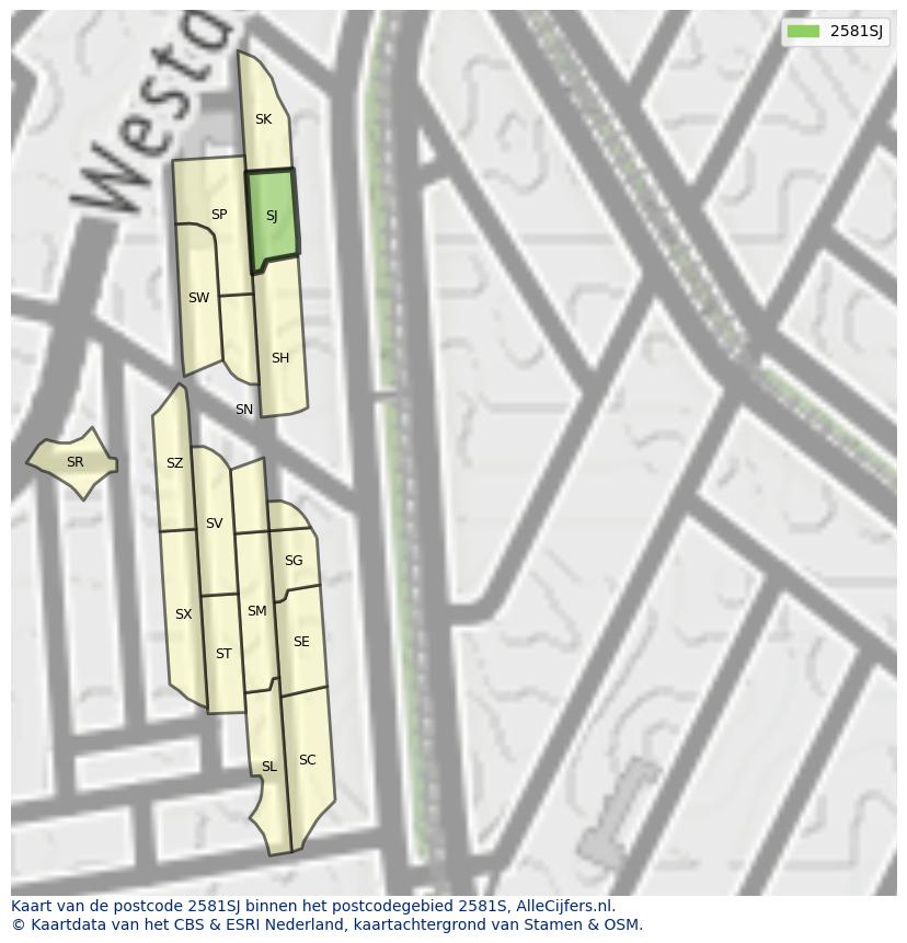 Afbeelding van het postcodegebied 2581 SJ op de kaart.