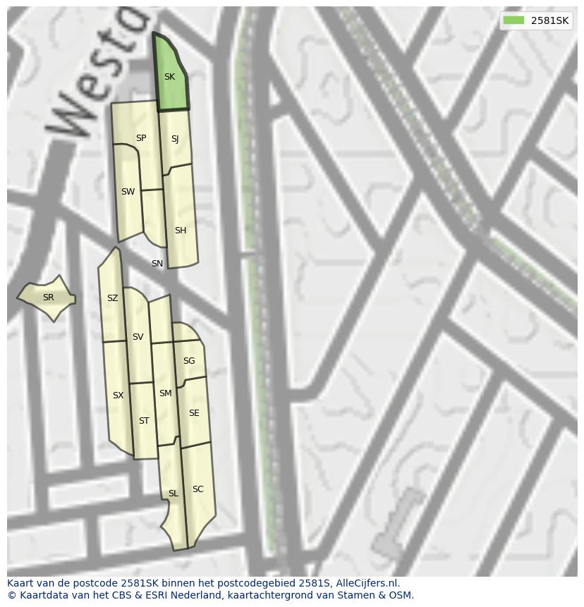 Afbeelding van het postcodegebied 2581 SK op de kaart.