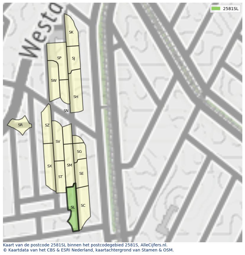 Afbeelding van het postcodegebied 2581 SL op de kaart.