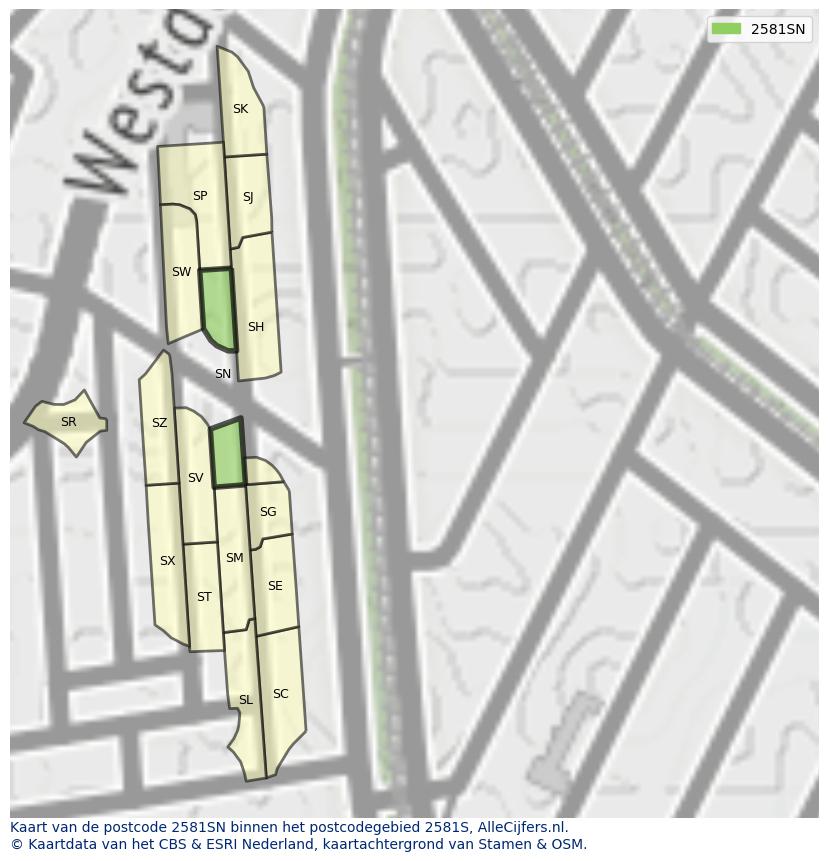 Afbeelding van het postcodegebied 2581 SN op de kaart.