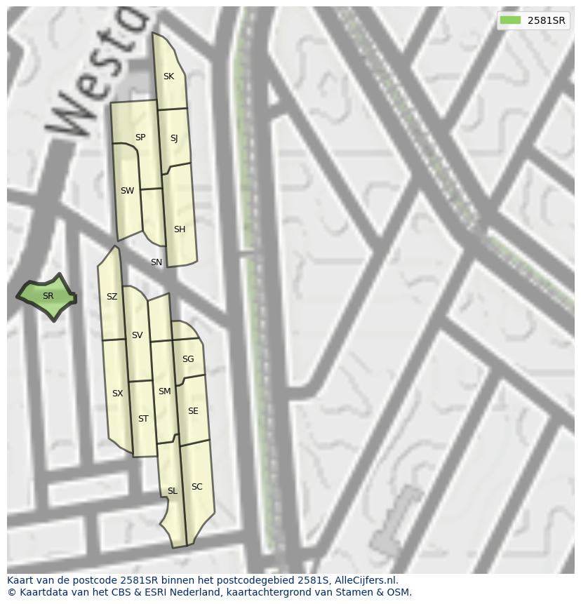 Afbeelding van het postcodegebied 2581 SR op de kaart.