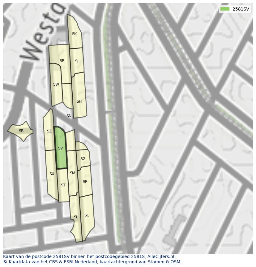 Afbeelding van het postcodegebied 2581 SV op de kaart.