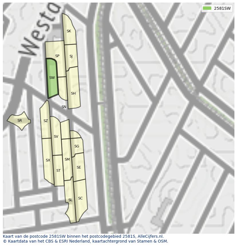 Afbeelding van het postcodegebied 2581 SW op de kaart.