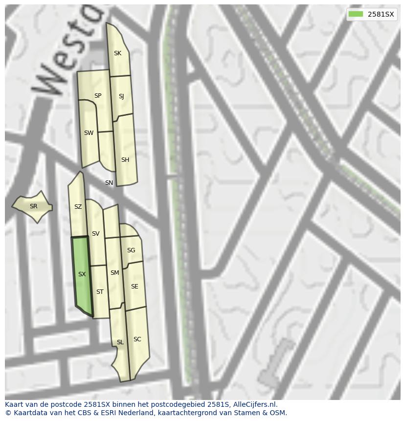 Afbeelding van het postcodegebied 2581 SX op de kaart.