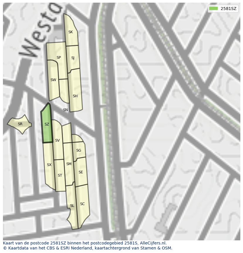 Afbeelding van het postcodegebied 2581 SZ op de kaart.