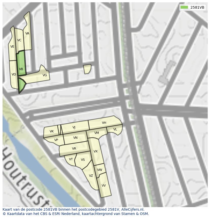 Afbeelding van het postcodegebied 2581 VB op de kaart.