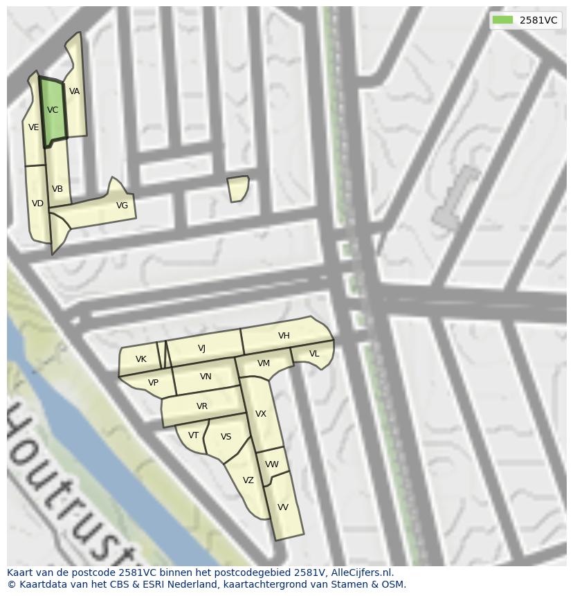 Afbeelding van het postcodegebied 2581 VC op de kaart.