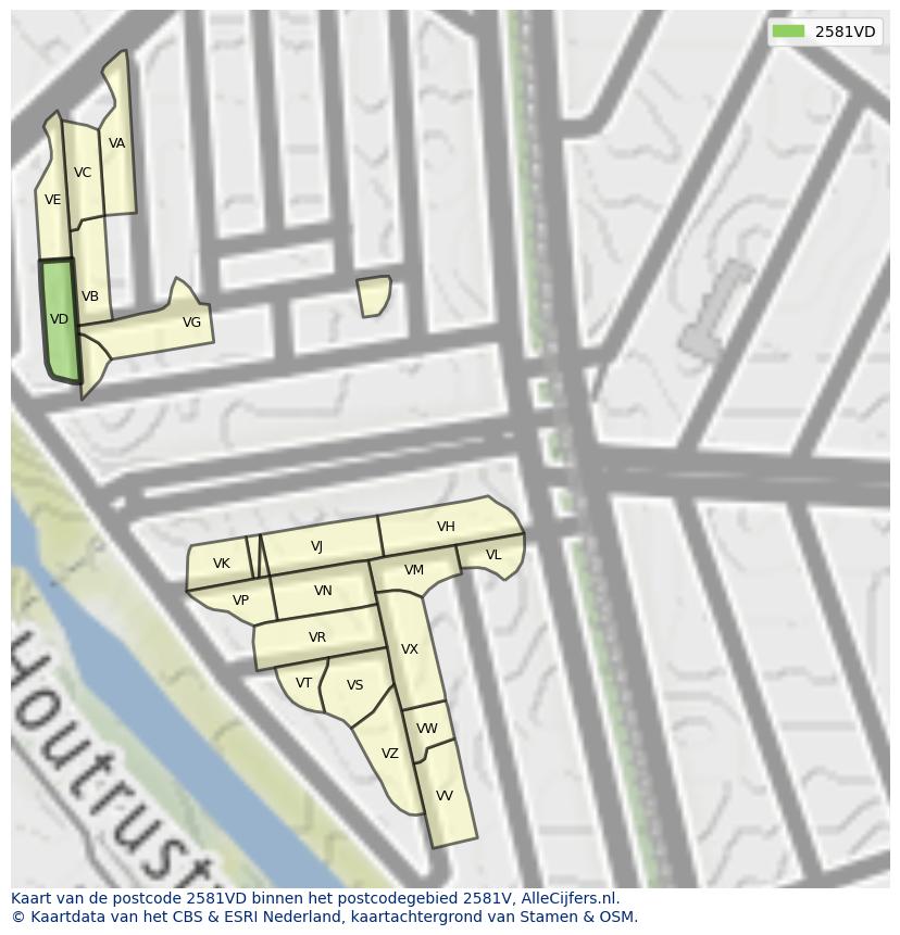 Afbeelding van het postcodegebied 2581 VD op de kaart.