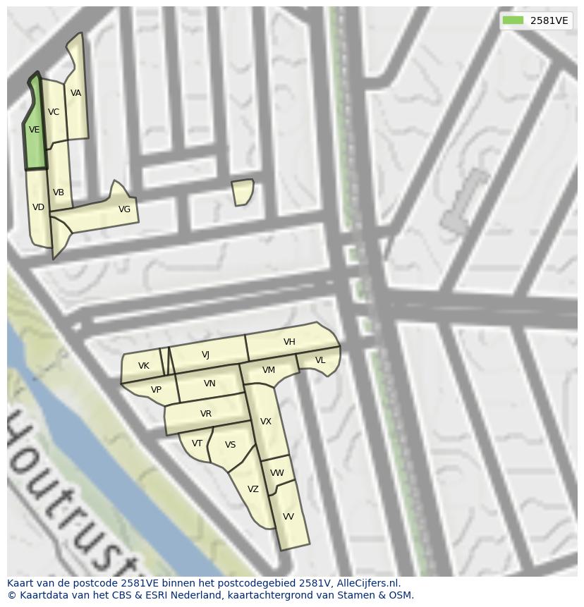 Afbeelding van het postcodegebied 2581 VE op de kaart.