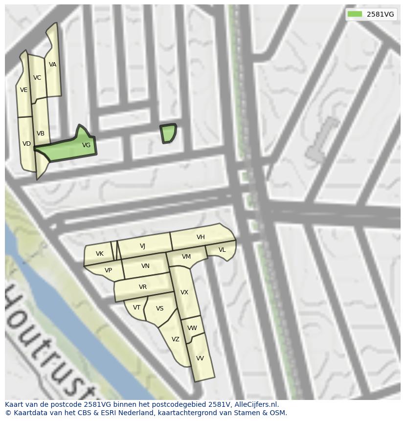 Afbeelding van het postcodegebied 2581 VG op de kaart.