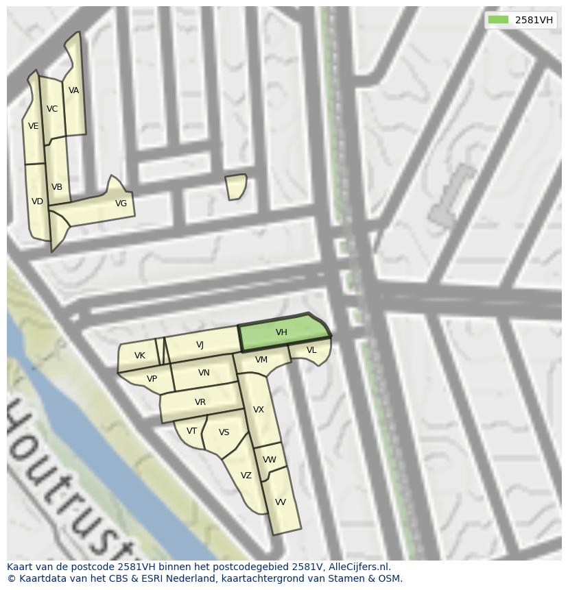 Afbeelding van het postcodegebied 2581 VH op de kaart.