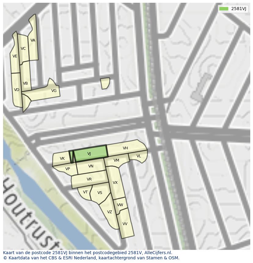 Afbeelding van het postcodegebied 2581 VJ op de kaart.