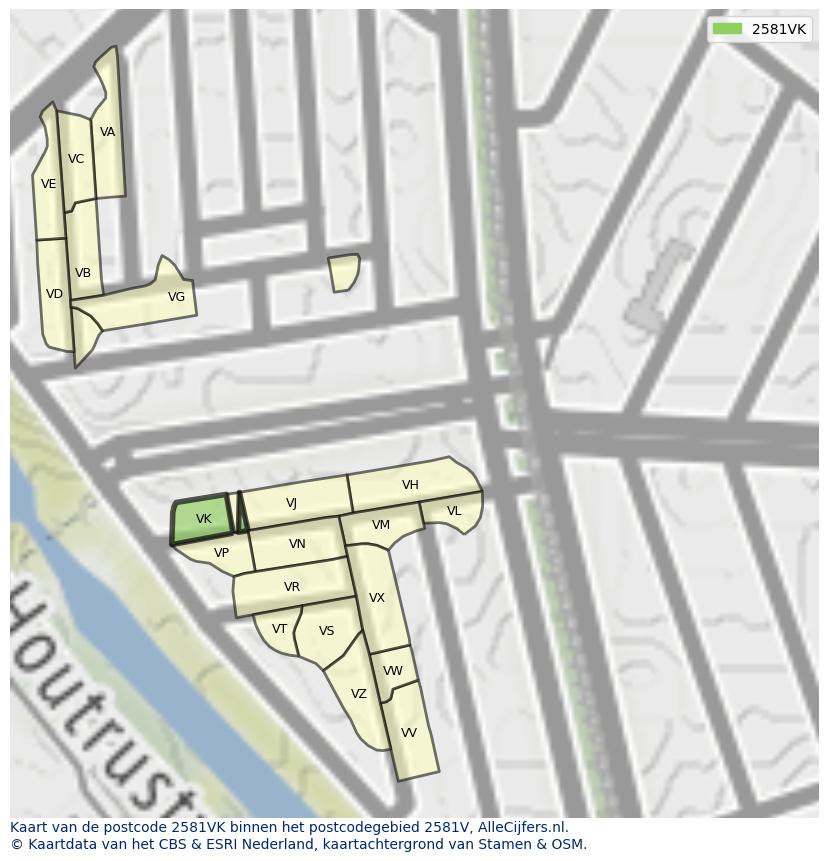 Afbeelding van het postcodegebied 2581 VK op de kaart.
