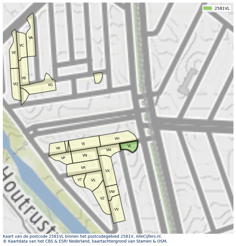 Afbeelding van het postcodegebied 2581 VL op de kaart.