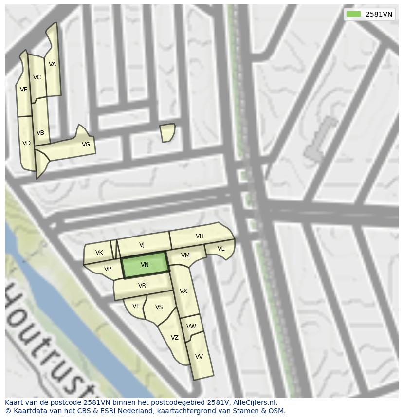 Afbeelding van het postcodegebied 2581 VN op de kaart.