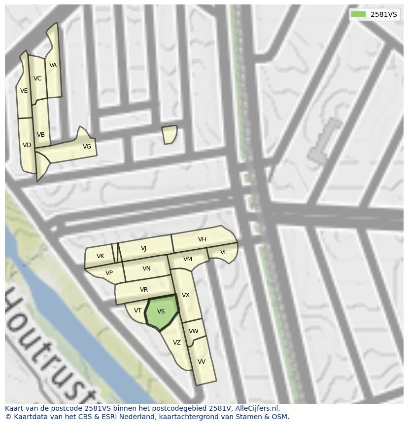 Afbeelding van het postcodegebied 2581 VS op de kaart.