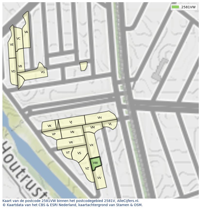 Afbeelding van het postcodegebied 2581 VW op de kaart.